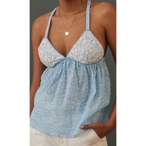 Anthro Peasant Blouse Top by Nikasha V-Neck Blue White Floral Straps NWT Size XS